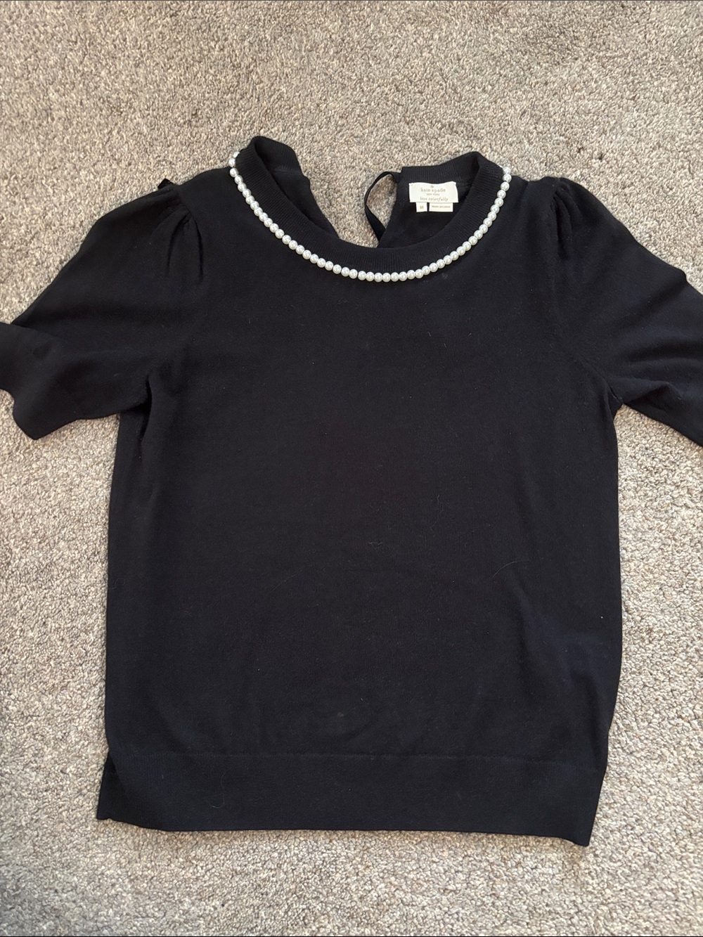 kate spade Black Short-Sleeve Knit Sweater with Pearl Neckline
